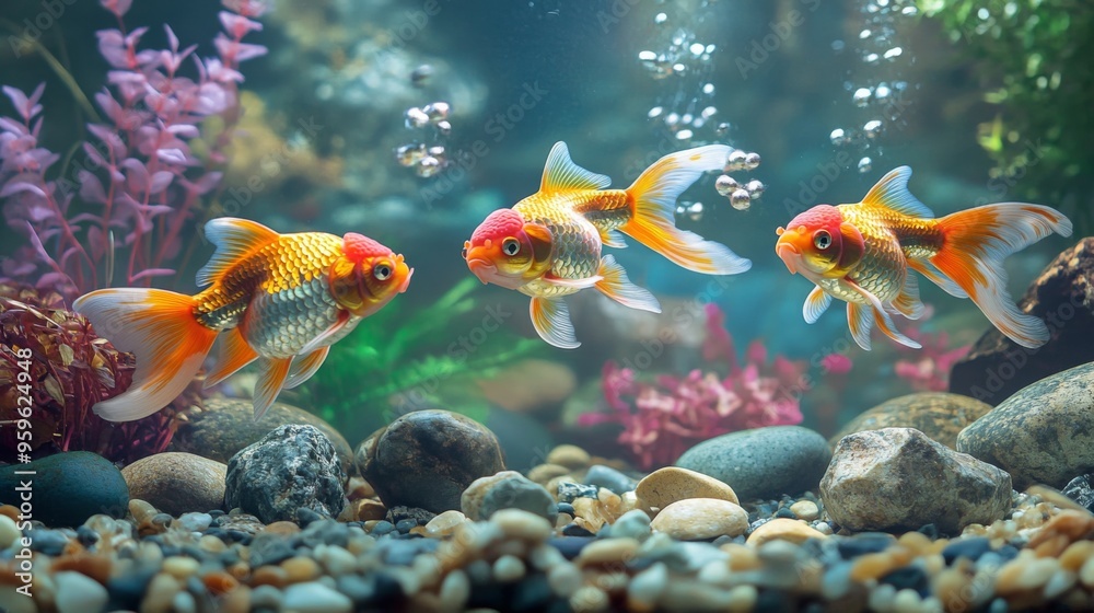 A serene aquarium scene featuring a group of goldfish swimming among colorful aquatic plants and decorative stones A serene aquarium scene featuring a group of goldfish swimming among colorful aquatic plants and decorative stones