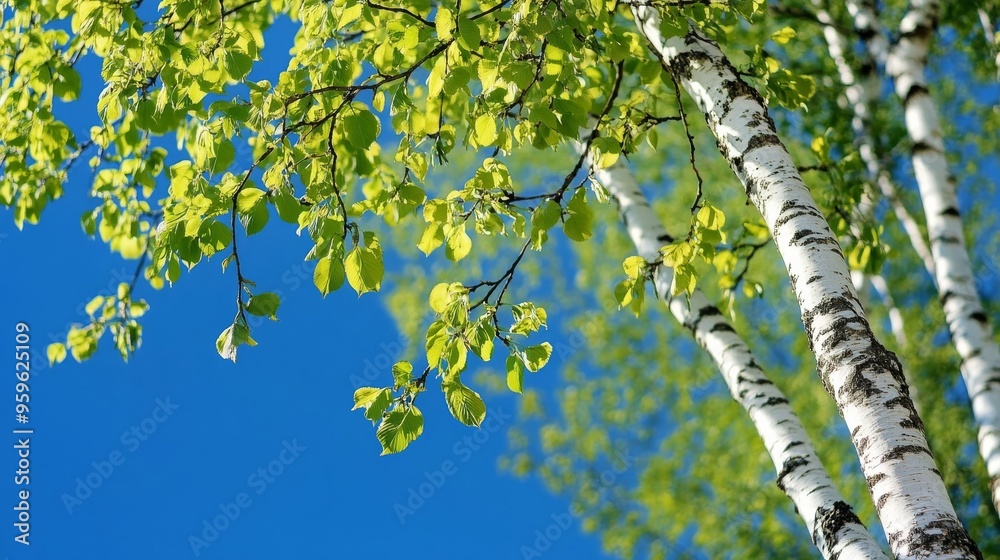 Fototapeta premium Spring birch leaves against blue sky.