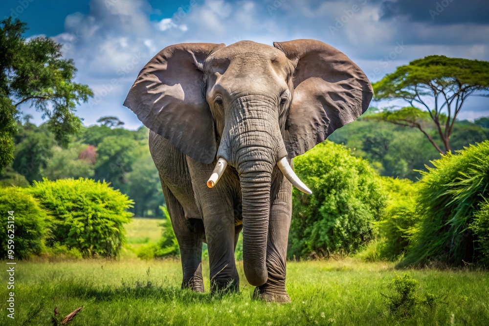 Fototapeta premium A photo image of a massive gray elephant with a long trunk and floppy ears, standing in a lush green jungle clearing on a sunny day.