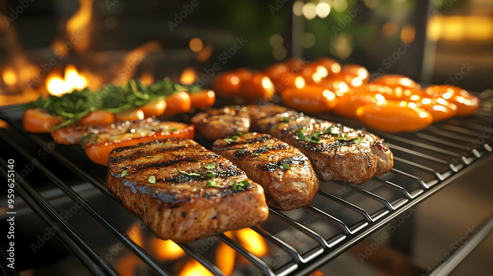 Grilled meat and vegetables on a barbecue grill. Grilled meat and vegetables on a barbecue grill.