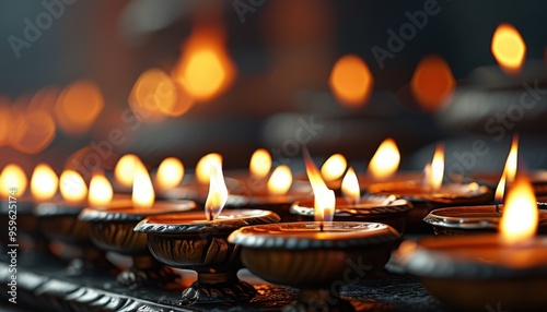 Rows of traditional Hindu oil lamps glowing with warm candlelight, creating a serene and spiritual atmosphere.