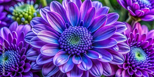 Close-up shot of a purple flower surrounded by similar blooms, with a vibrant blue center and additional purple petals