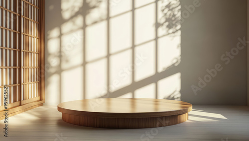 Product stand wooden podium staget in an empty room with light wood tones and sunlight streaming through the window photo