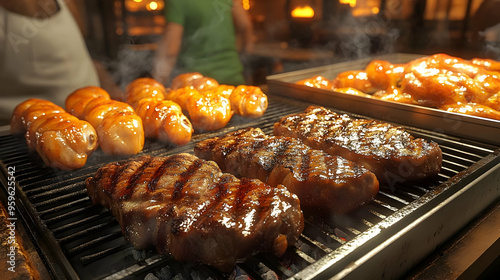 Grilled meats sizzling on a...