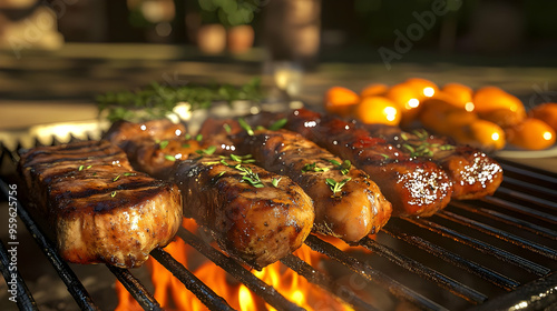 Grilled sausages and meat o...