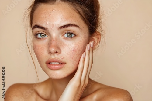 Young woman with acne touching her face on beige background. Skincare and dermatology concept. Beauty treatment. Studio portrait for banner, advertisement