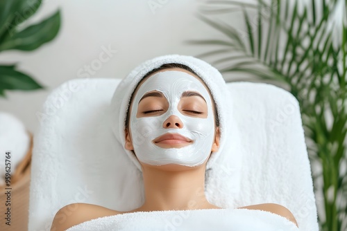 Young woman with facial mask resting in spa salon. Beauty treatment and skincare procedure concept. Wellness and relaxation. Banner, advertisement 