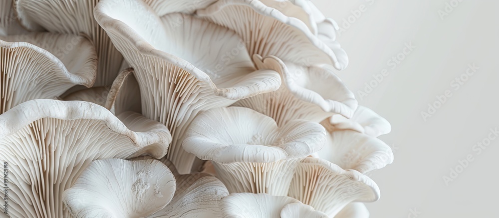 Oyster mushroom design pattern with copy space for decoration and design Vegetarian meat substitute and eco friendly food Macro view of growing mushrooms Texture of edible mushrooms A cluster of mush Oyster mushroom design pattern with copy space for decoration and design Vegetarian meat substitute and eco friendly food Macro view of growing mushrooms Texture of edible mushrooms A cluster of mush