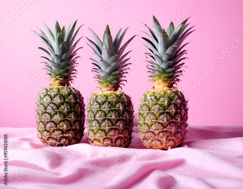 Fresh Pineapples Closeup on Pink Background for Food and Beverage Use photo