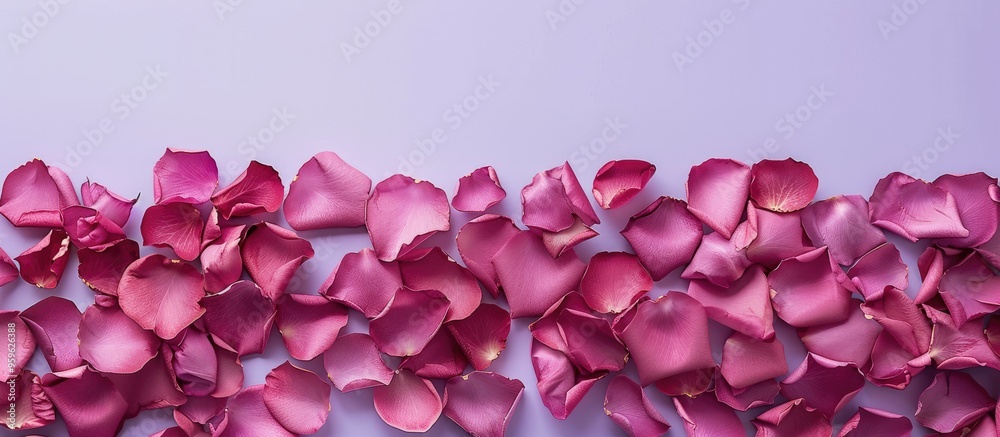 Fototapeta premium Frame borders made of rose petals against a pastel lilac background Valentine s Day backdrop Romantic atmosphere Textured design suitable for Women s or Mother s Day Copyspace