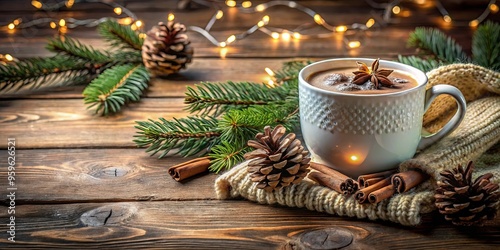 Cozy winter scene with hot chocolate and pine cones on wooden table perfect for a festive atmosphere and warmth during the cold season