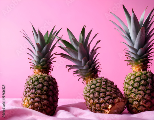 Fresh Pineapples Closeup on Pink Background for Food and Beverage Use photo