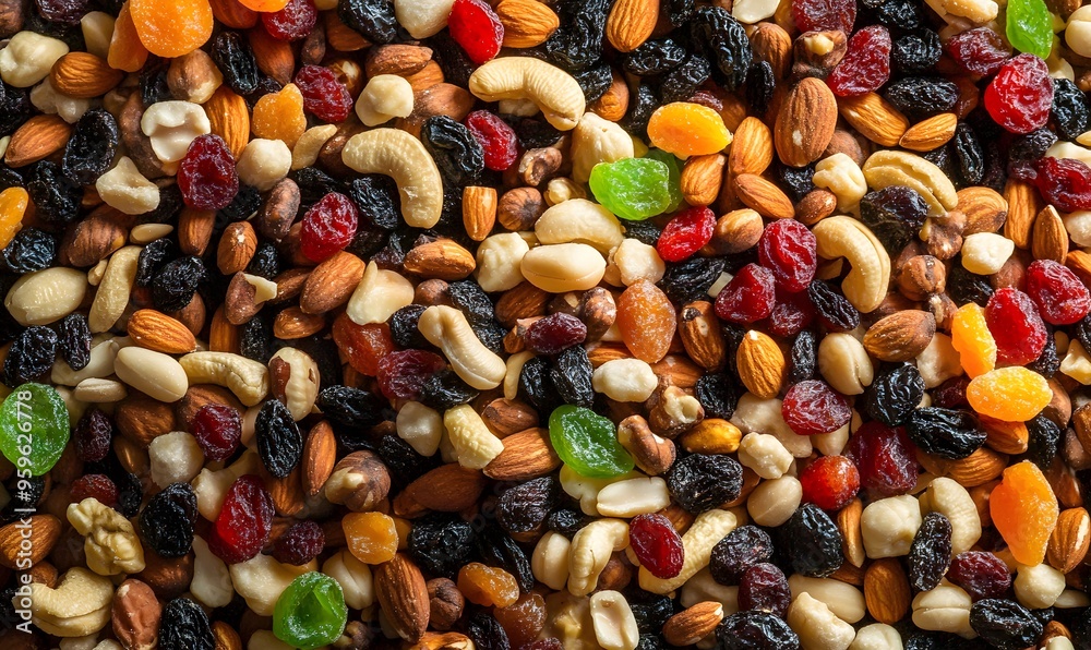 Pile of different nuts mix with dried fruit background , Generative AI Pile of different nuts mix with dried fruit background , Generative AI