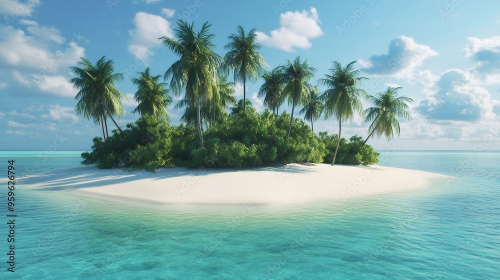 Fototapeta premium A small tropical island with palm trees and white sand beach surrounded by turquoise water.