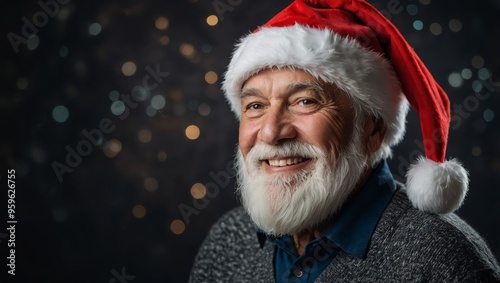 portrait of smiling senior man in Santa Claus hat with long white beard looking at camera against dark background