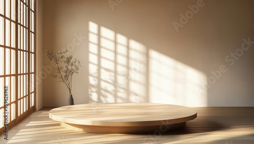 Product stand wooden podium staget in an empty room with light wood tones and sunlight streaming through the window photo