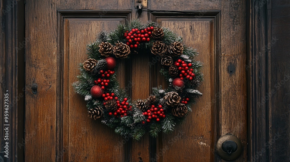 festive Christmas wreath hanging on a rustic wooden door festive Christmas wreath hanging on a rustic wooden door
