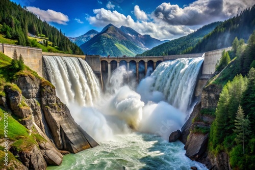 A large waterfall is flowing into a lake