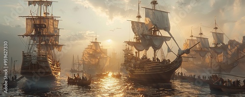Dramatic sunset over a sea battle with sailing ships and boats, showcasing historical maritime conflict and picturesque scenery.