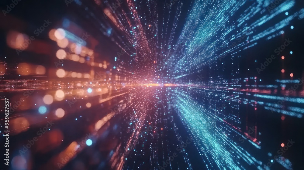 A close-up visualization of IoT sensors and networks, with data points moving rapidly through a virtual environment A close-up visualization of IoT sensors and networks, with data points moving rapidly through a virtual environment