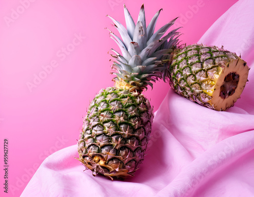 Fresh Pineapples Closeup on Pink Background for Food and Beverage Use photo