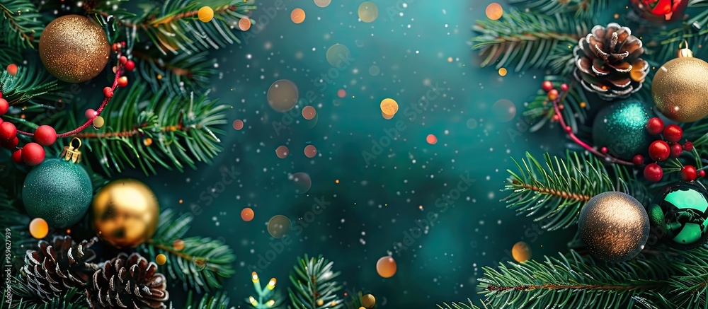 Christmas backdrop featuring fir tree branches adorned with colorful balls and garland Copy space Christmas backdrop featuring fir tree branches adorned with colorful balls and garland Copy space