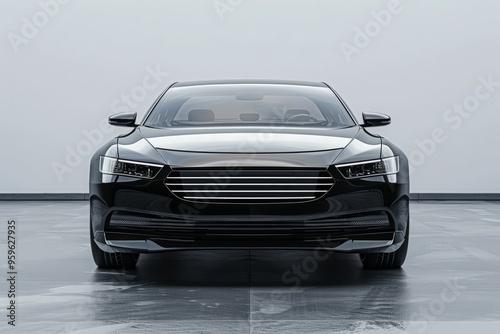 Front view of a generic and brandless modern car, camera positioned directly in front of the car, capturing the entire frontal area