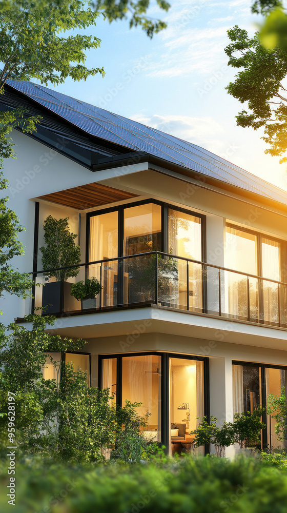 Fototapeta premium A large white house with a green roof and a balcony. The house is surrounded by trees and has a sunny, bright atmosphere