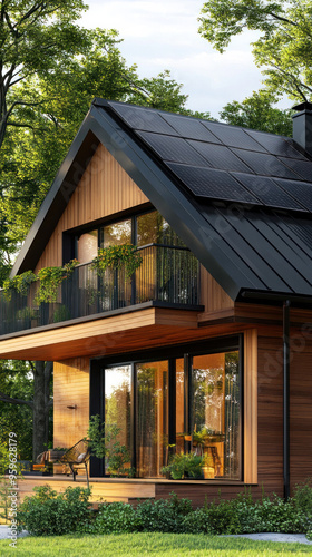 Wallpaper Mural A house with a black roof and wooden siding. The house has a balcony with potted plants and a chair. The house is surrounded by trees and has a peaceful, serene atmosphere Torontodigital.ca