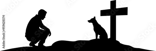 Vektor Silhouette - Tod und Abschied - Toter Hund sitzt auf seinem Gran vor einem Kreuz - Mann hockt trauernd vor dem Grab und nimmt Abschied von seinem Freund