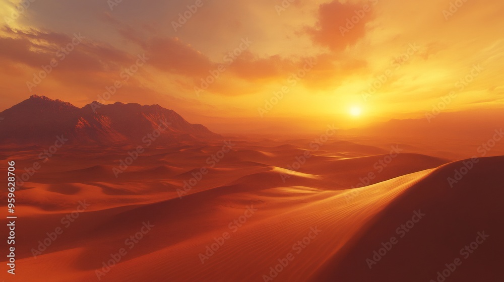 A vibrant sunset casts a warm glow over a vast desert landscape, with rolling sand dunes stretching out towards the horizon. A vibrant sunset casts a warm glow over a vast desert landscape, with rolling sand dunes stretching out towards the horizon.