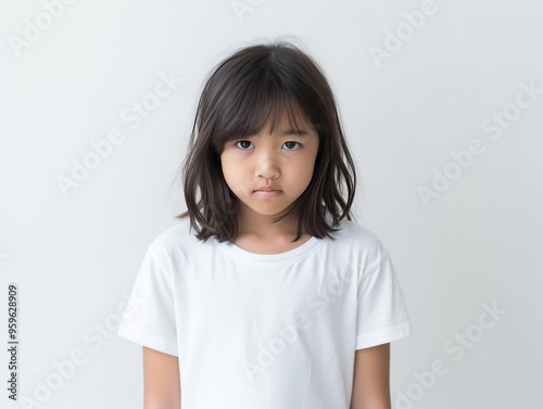 White background sad Asian child Portrait of young beautiful in a bad mood child Isolated on Background, depression anxiety fear burn out health issue problem 