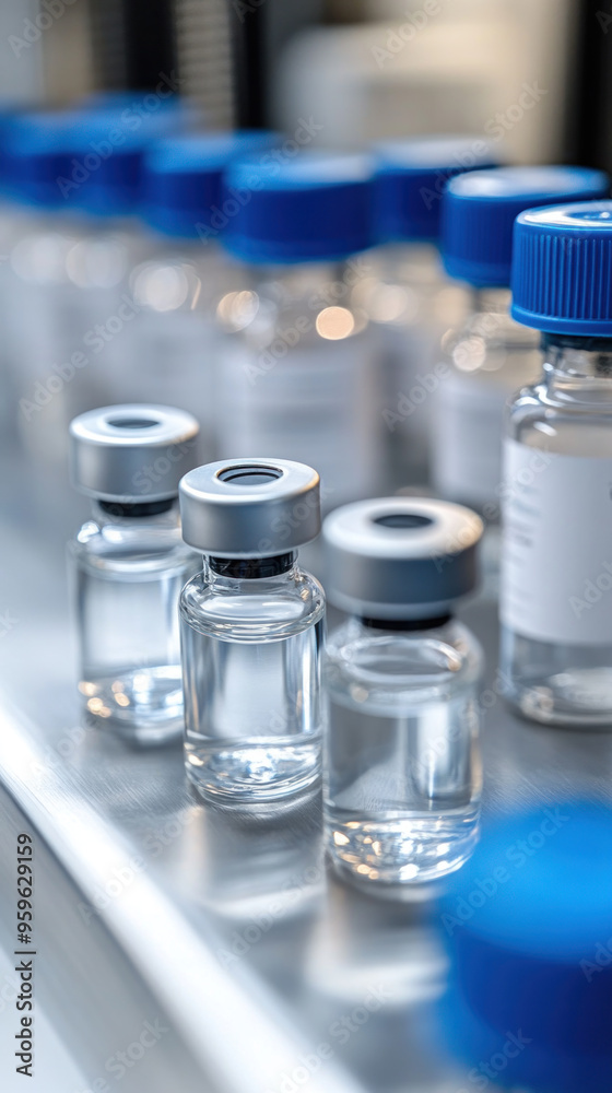 A row of clear bottles with blue lids sit on a table. The bottles are all the same size and shape, and they are all filled with a clear liquid A row of clear bottles with blue lids sit on a table. The bottles are all the same size and shape, and they are all filled with a clear liquid