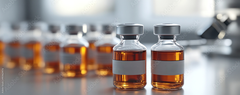 Two bottles of medicine are lined up on a table. The bottles are clear and have labels on them. The scene is set in a laboratory or a pharmacy Two bottles of medicine are lined up on a table. The bottles are clear and have labels on them. The scene is set in a laboratory or a pharmacy