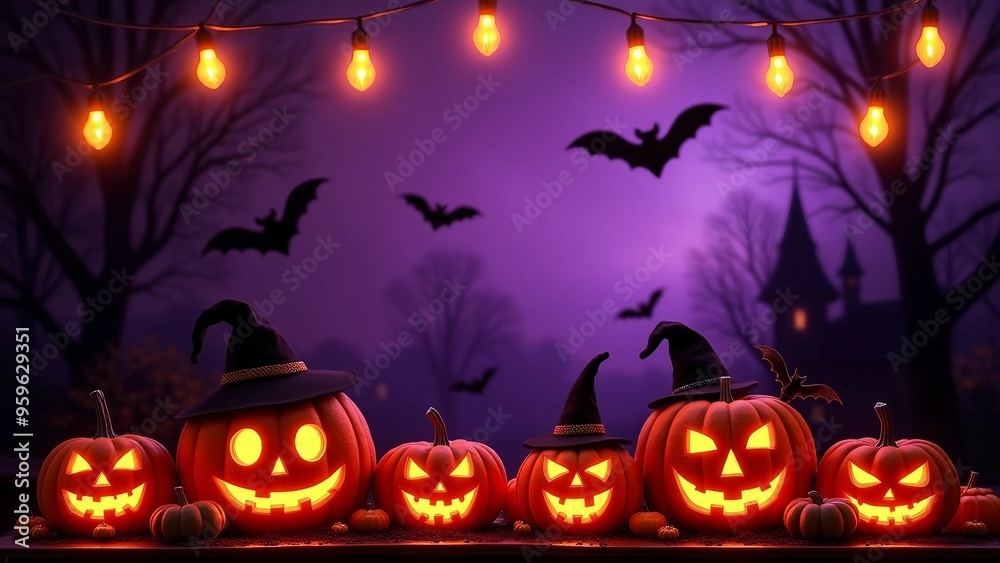 Glowing Jack-o'-Lanterns with Witch Hats in a Spooky Forest Setting Glowing Jack-o'-Lanterns with Witch Hats in a Spooky Forest Setting