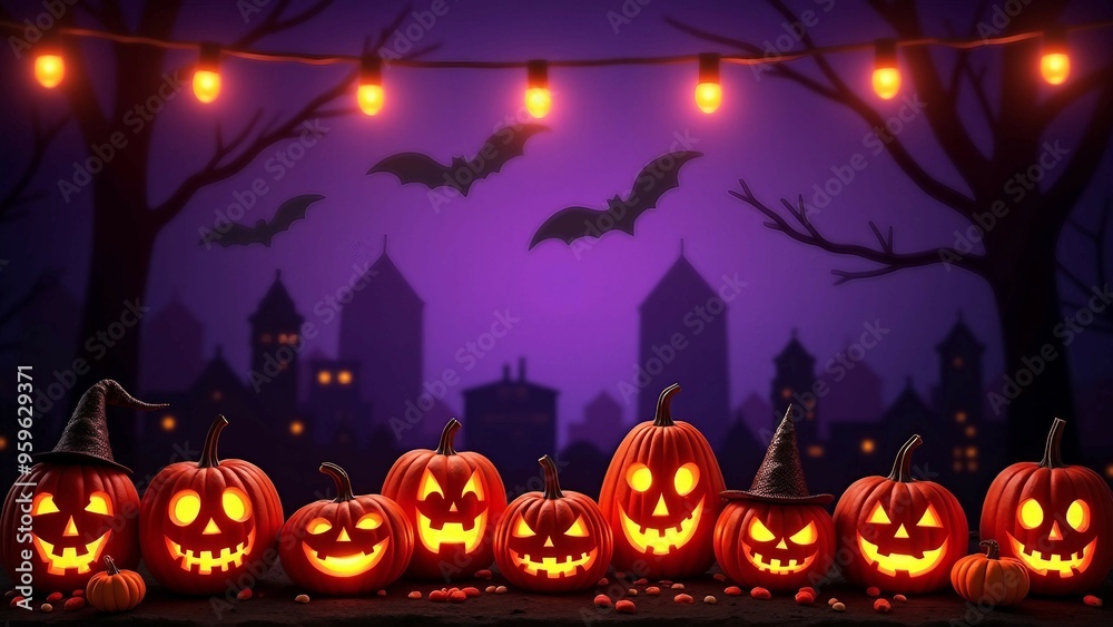 Glowing Jack-o'-Lanterns with Witch Hats in a Spooky Forest Setting Glowing Jack-o'-Lanterns with Witch Hats in a Spooky Forest Setting
