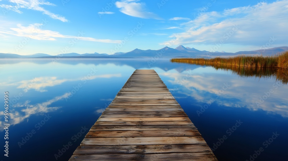 A wooden pier extends out into a calm lake with a mountain range in the distance reflected in the water. A wooden pier extends out into a calm lake with a mountain range in the distance reflected in the water.