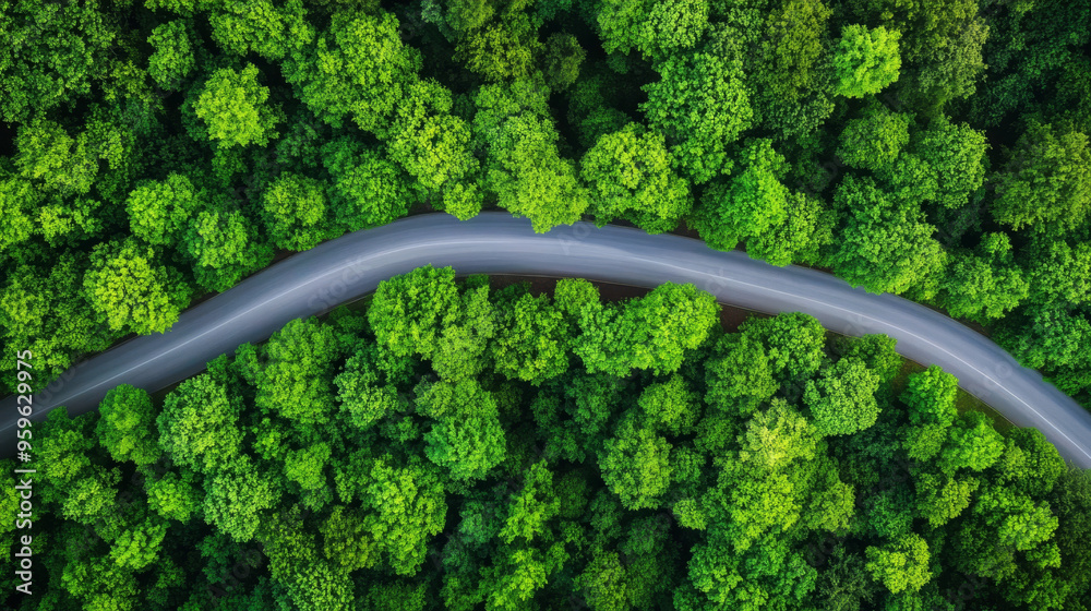 Aerial view of winding road through lush green trees, showcasing natures beauty and tranquility. Aerial view of winding road through lush green trees, showcasing natures beauty and tranquility.