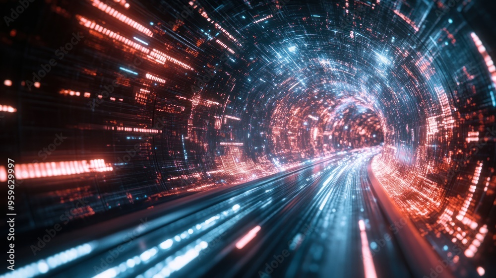 A futuristic visualization of data transfer, with particles moving through a virtual tunnel filled with glowing data streams A futuristic visualization of data transfer, with particles moving through a virtual tunnel filled with glowing data streams
