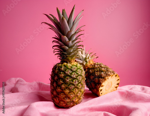 Fresh Pineapples Closeup on Pink Background for Food and Beverage Use photo