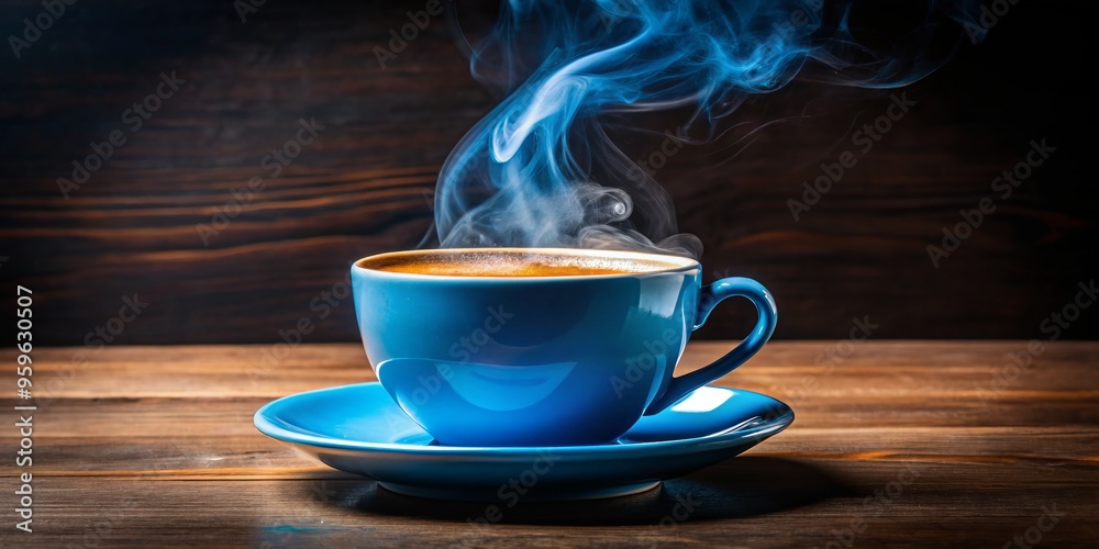 A vibrant blue coffee cup steams with a gentle mist of white, surrounded by a faint haze that adds to its warm and inviting appearance. A vibrant blue coffee cup steams with a gentle mist of white, surrounded by a faint haze that adds to its warm and inviting appearance.