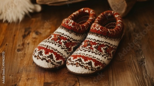 Cozy Vintage-Inspired Knitted Slippers: Fair Isle Pattern in Earthy Tones - Perfect for Home Decor Posters or Rustic Interior Accents