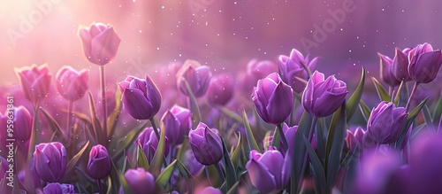 Tulips Tulipa Bakeri Lilac Wonder blooming in a spring meadow. Copy space image. Place for adding text and design photo