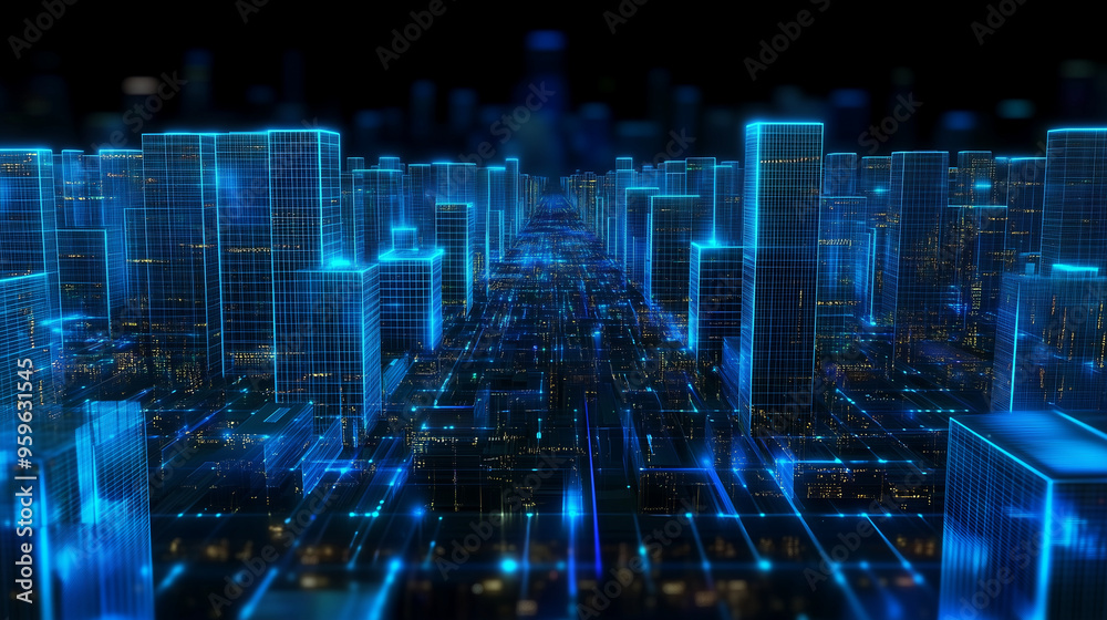 Futuristic Holographic Cityscape with Network Grid and Digital Hub, Virtual Urban Environment Futuristic Holographic Cityscape with Network Grid and Digital Hub, Virtual Urban Environment