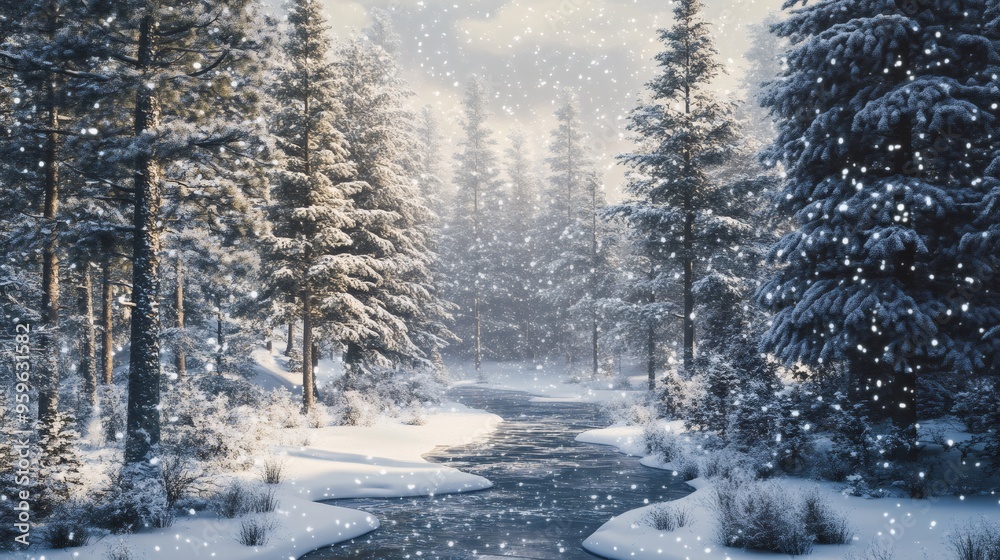 A snow-covered river flows through a winter forest, with tall pines and sparkling snowfall. A snow-covered river flows through a winter forest, with tall pines and sparkling snowfall.