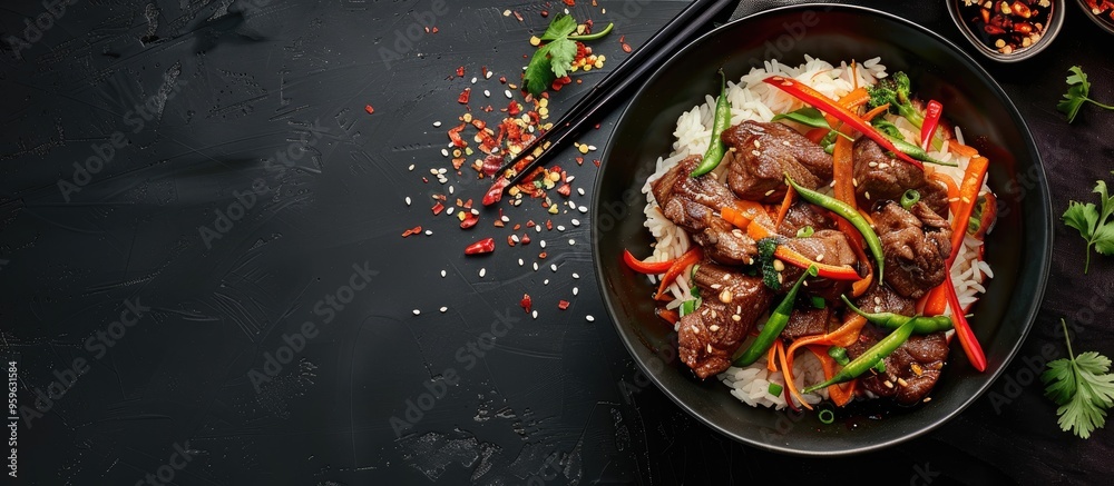 Asian dish featuring beef and chicken with sweet and sour chili sauce. Copy space image. Place for adding text and design Asian dish featuring beef and chicken with sweet and sour chili sauce. Copy space image. Place for adding text and design