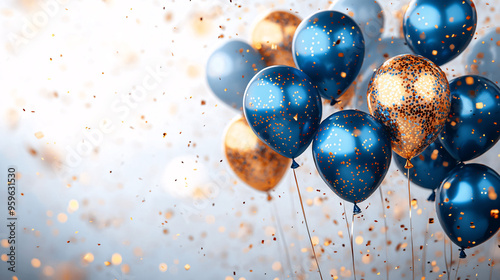 birthday party balloons, colourful balloons background and birthday cake with candles	