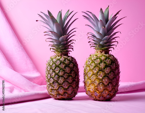 Fresh Pineapples Closeup on Pink Background for Food and Beverage Use photo