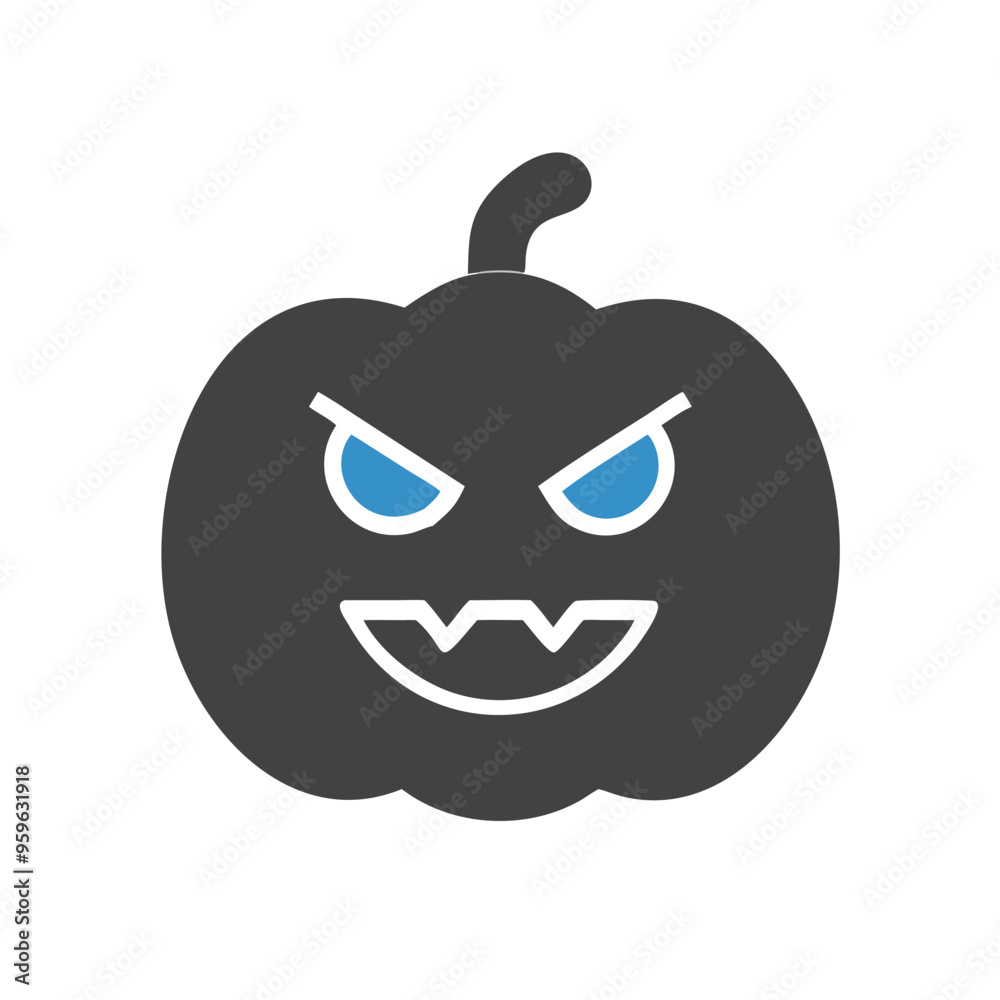 Spooky pumpkin icon in black and blue, Halloween jack-o'-lantern design


