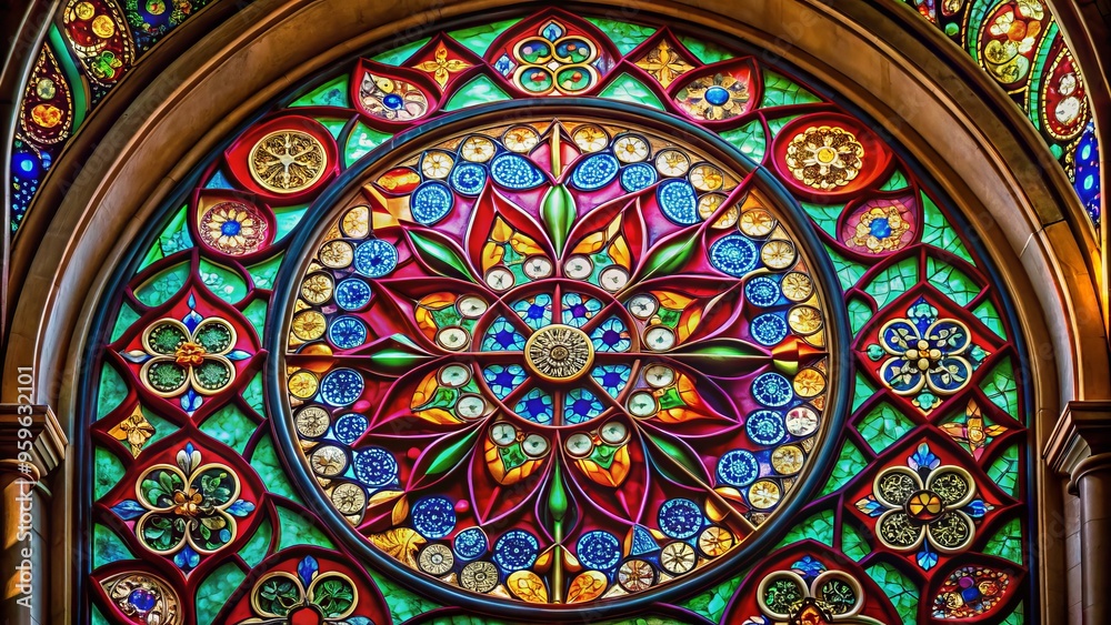 photo image of a traditional stained glass window with vibrant colors and intricate patterns in a classic Gothic-inspired design